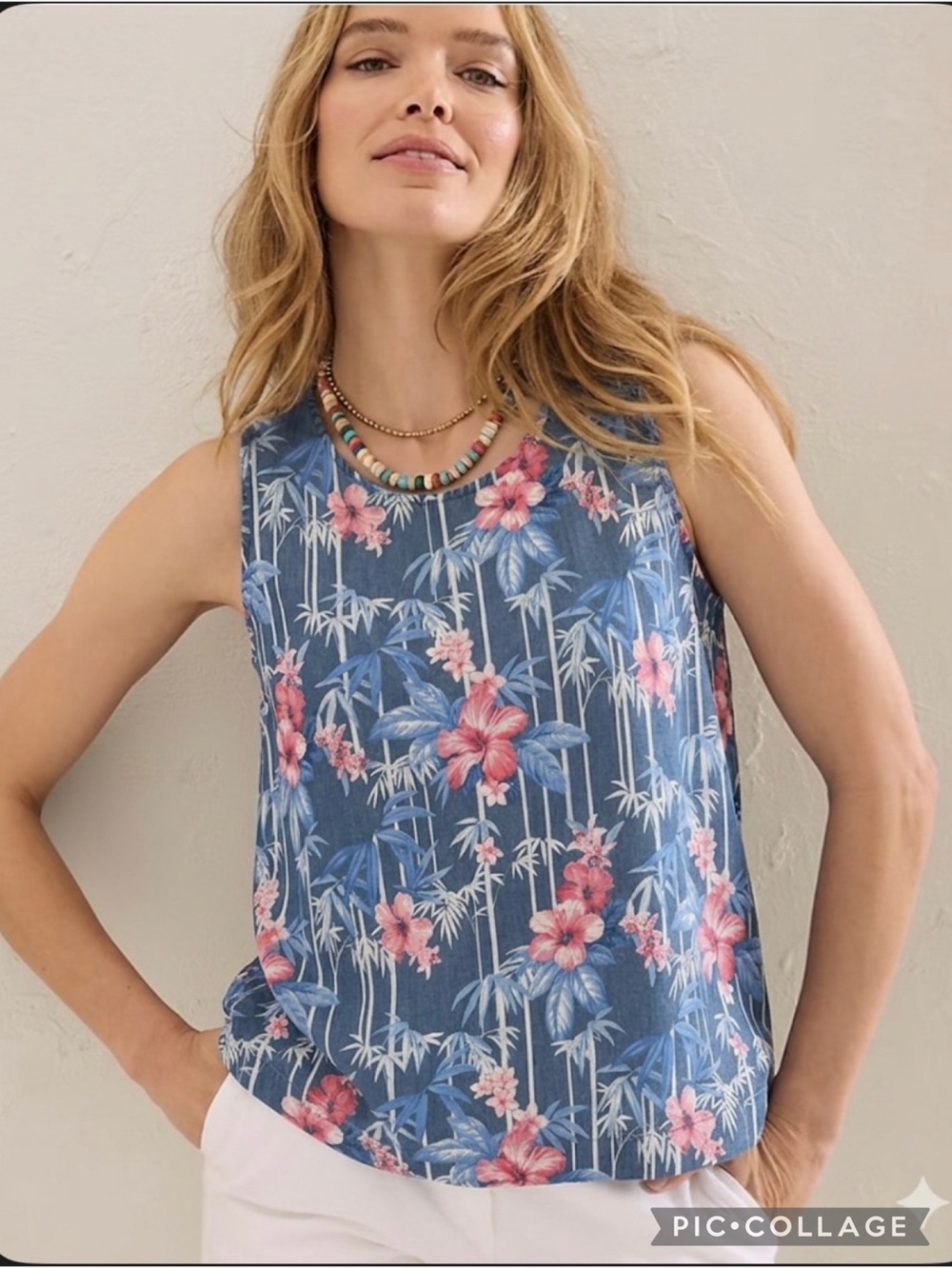 Tommy Bahama Blue Hibiscus Bamboo Floral Chambray Tank Top S Tropical